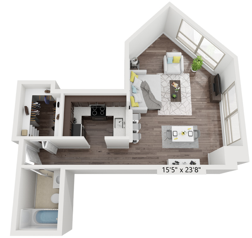 Floor plan for studio, 1 bath, 513 sqft